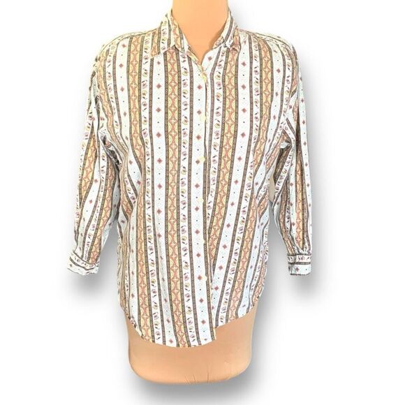 Vintage Maggie & Max White Brown Floral Button Front Long Sleeve Collared Boho - Picture 9 of 9